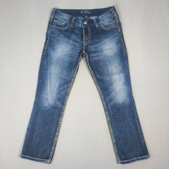 Silver Jeans Suki Capri women's size W30 ink blue factory distressed embroidered - Picture 1 of 15